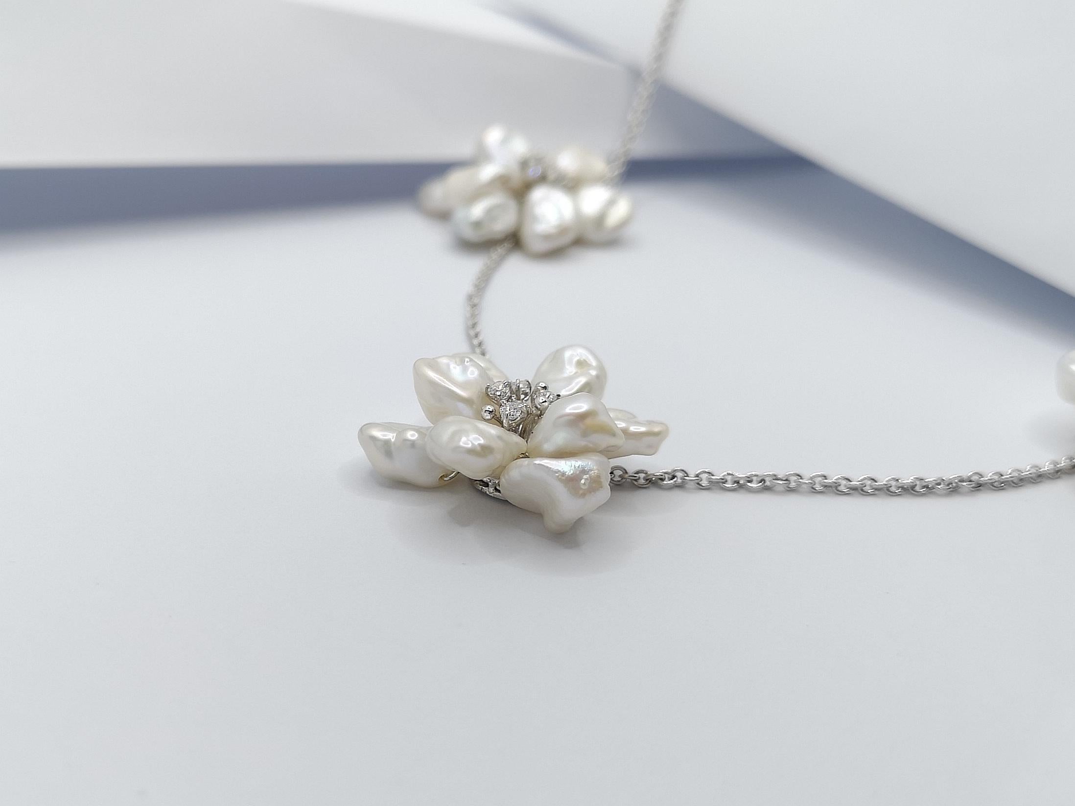 Pearl with Diamond Flower Necklace Set in 18 Karat White Gold Settings For Sale 4
