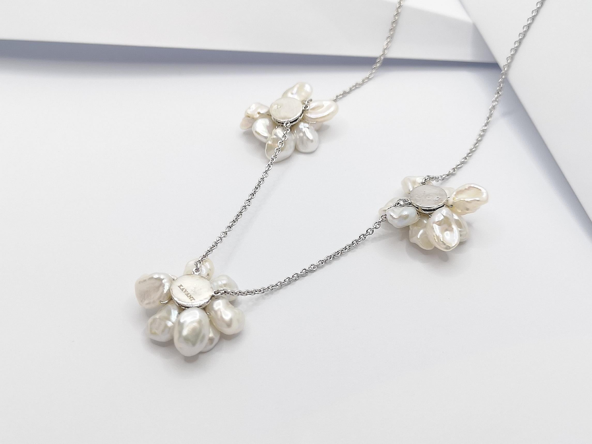 Pearl with Diamond Flower Necklace Set in 18 Karat White Gold Settings For Sale 5