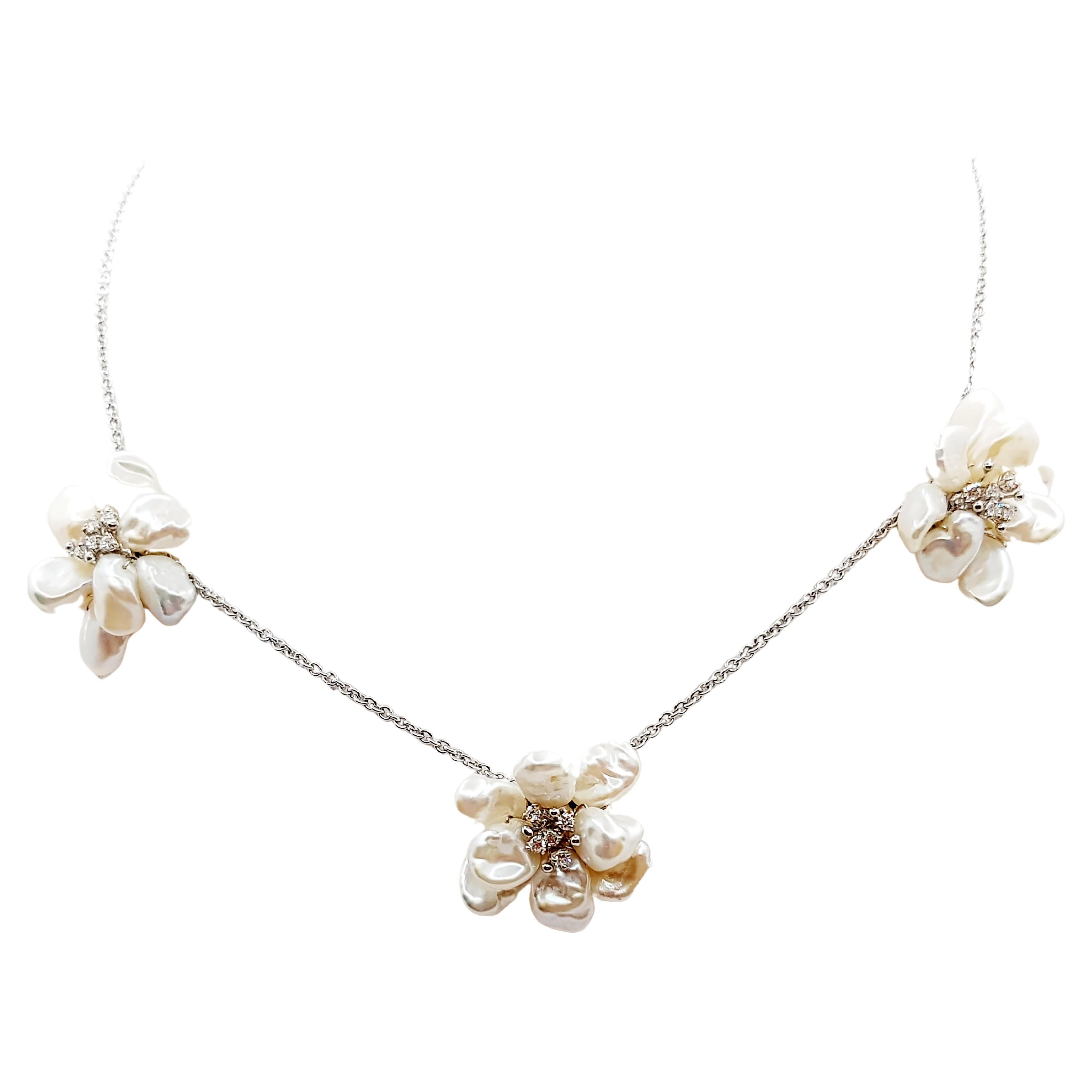 Pearl with Diamond Flower Necklace Set in 18 Karat White Gold Settings For Sale