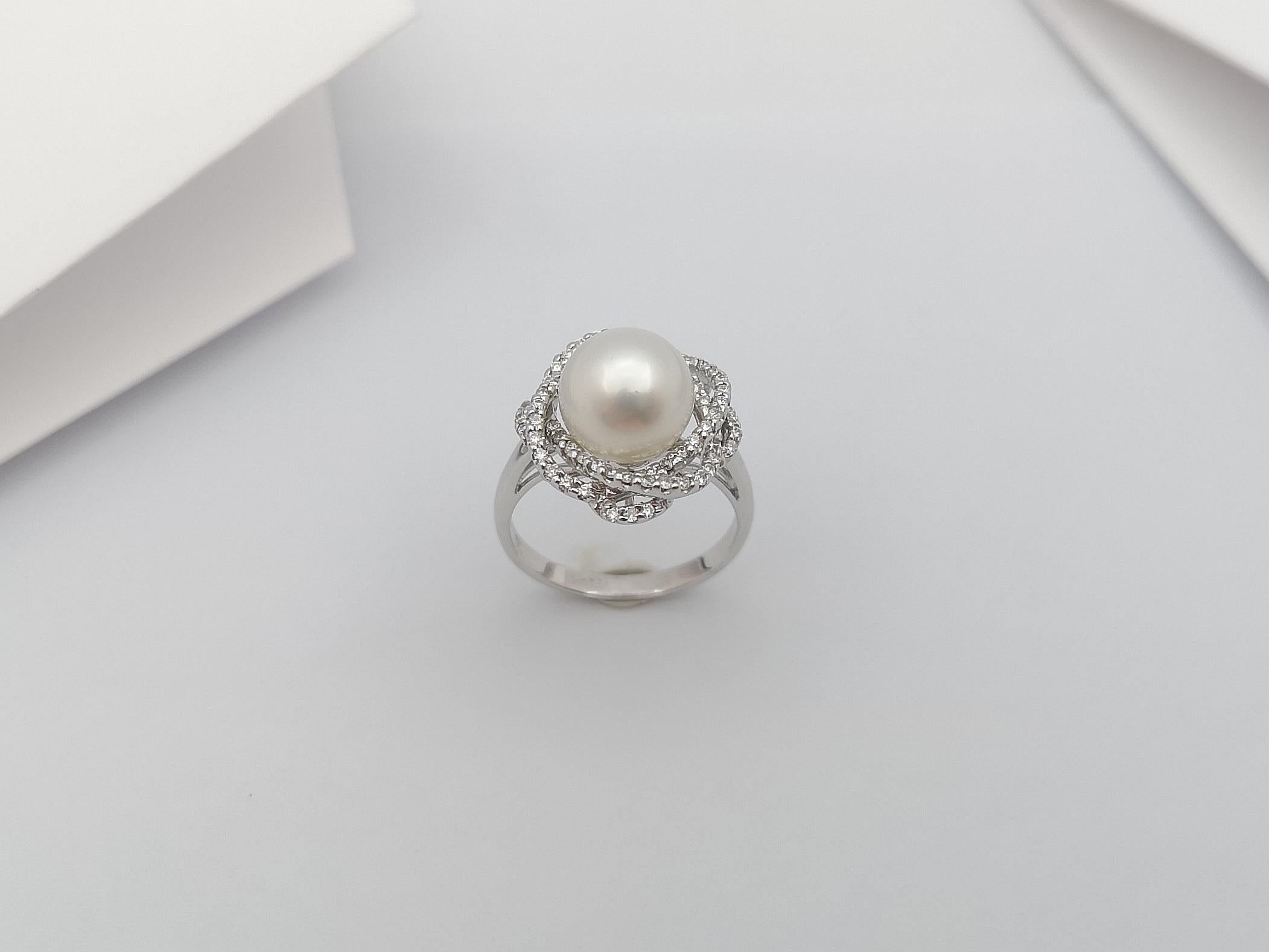 Pearl with Diamond Ring Set in 18 Karat White Gold Settings For Sale 6