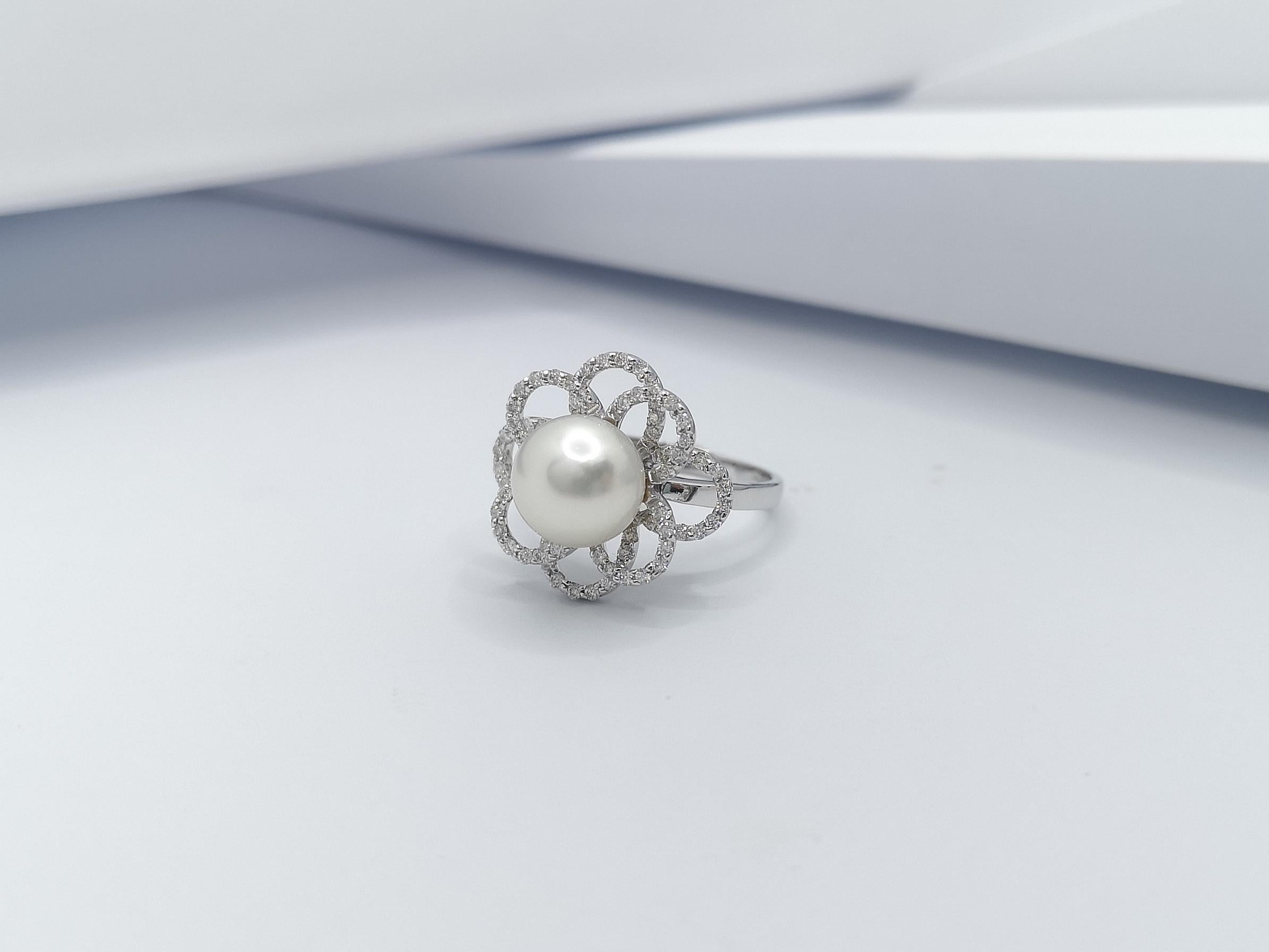 Pearl with Diamond Ring Set in 18 Karat White Gold Settings For Sale 9