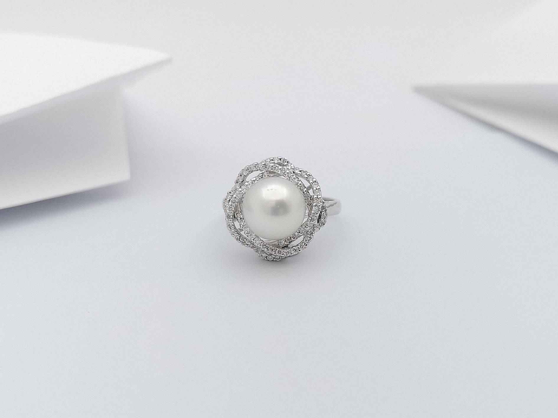 Pearl with Diamond Ring Set in 18 Karat White Gold Settings For Sale 1