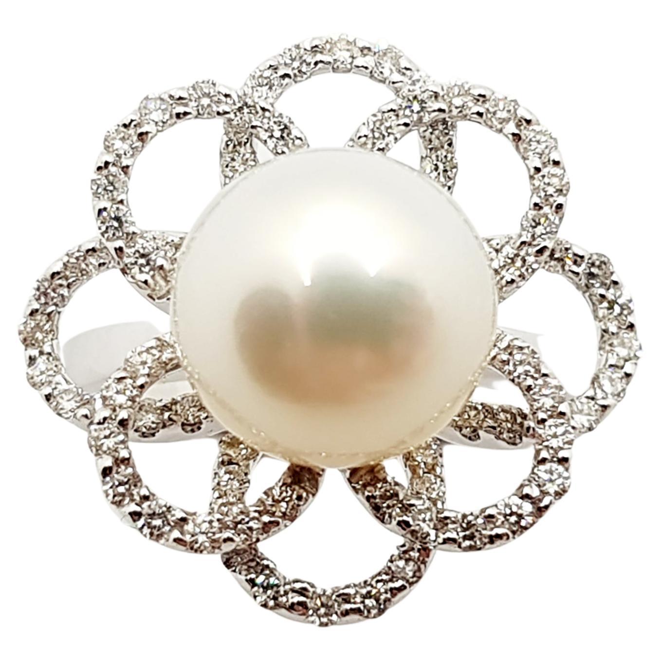 Pearl with Diamond Ring Set in 18 Karat White Gold Settings For Sale