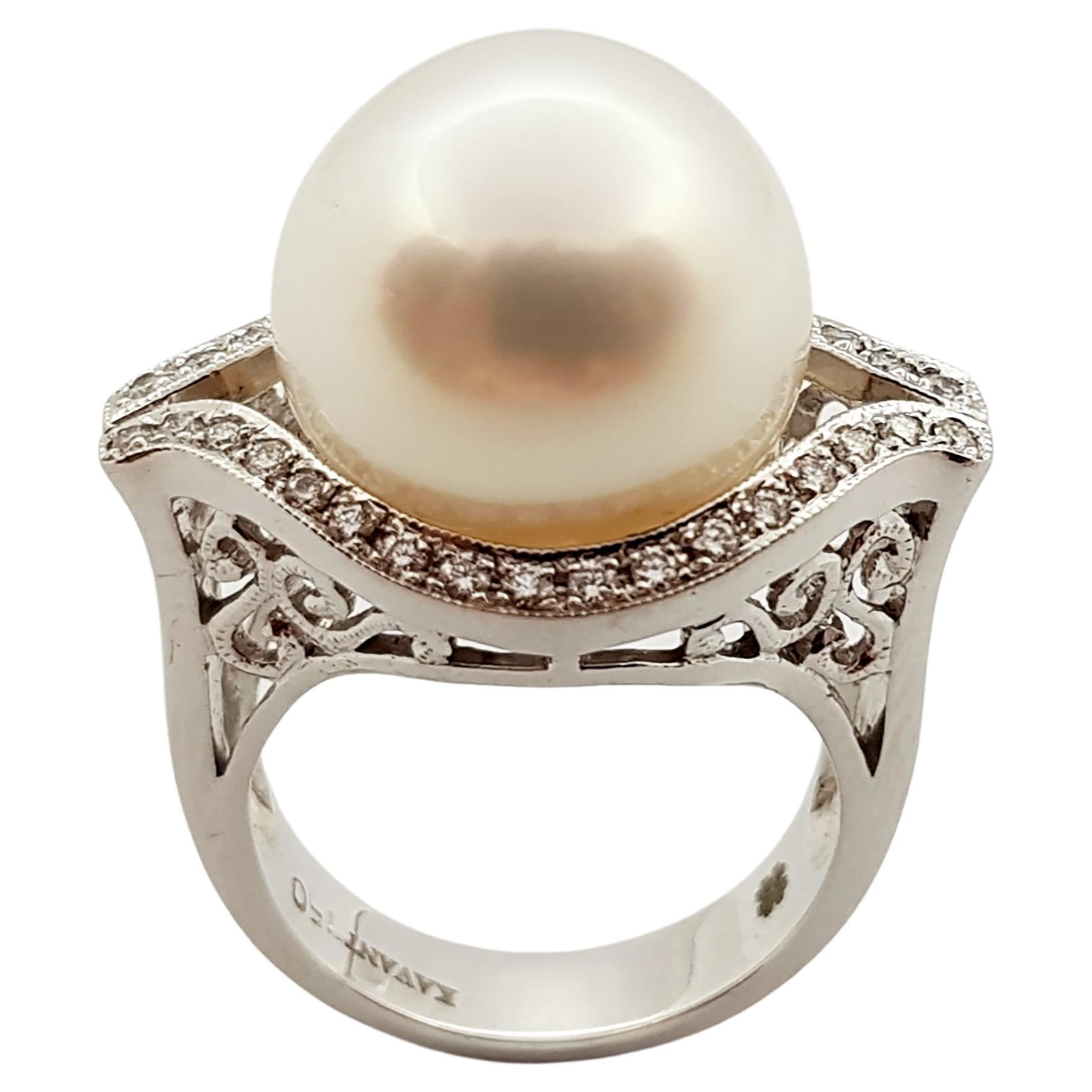 Pearl with Diamond Ring Set in 18 Karat White Gold Settings