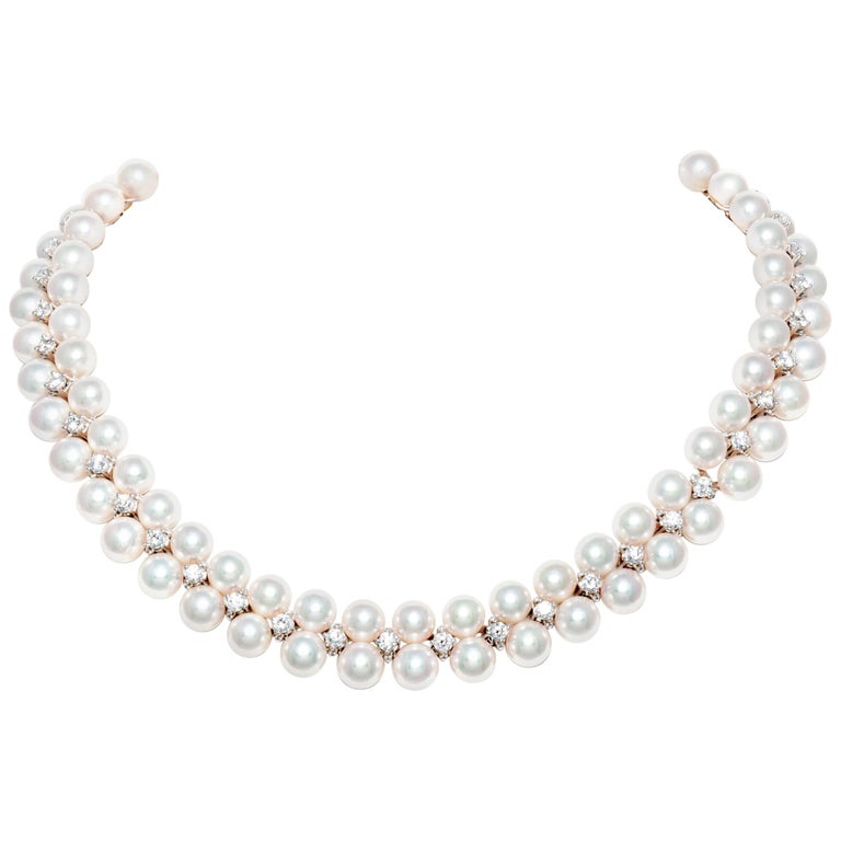 Pearl with Diamonds Choker Necklace at 1stDibs