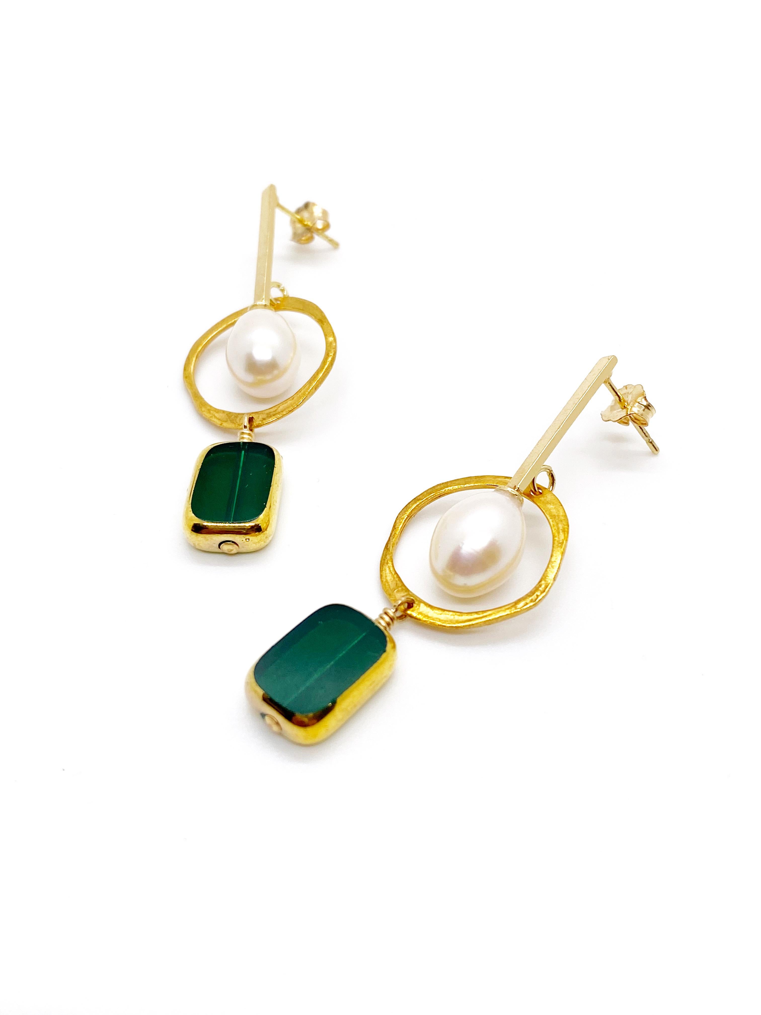 Contemporary Pearl with Emerald Glass Vintage German Earrings