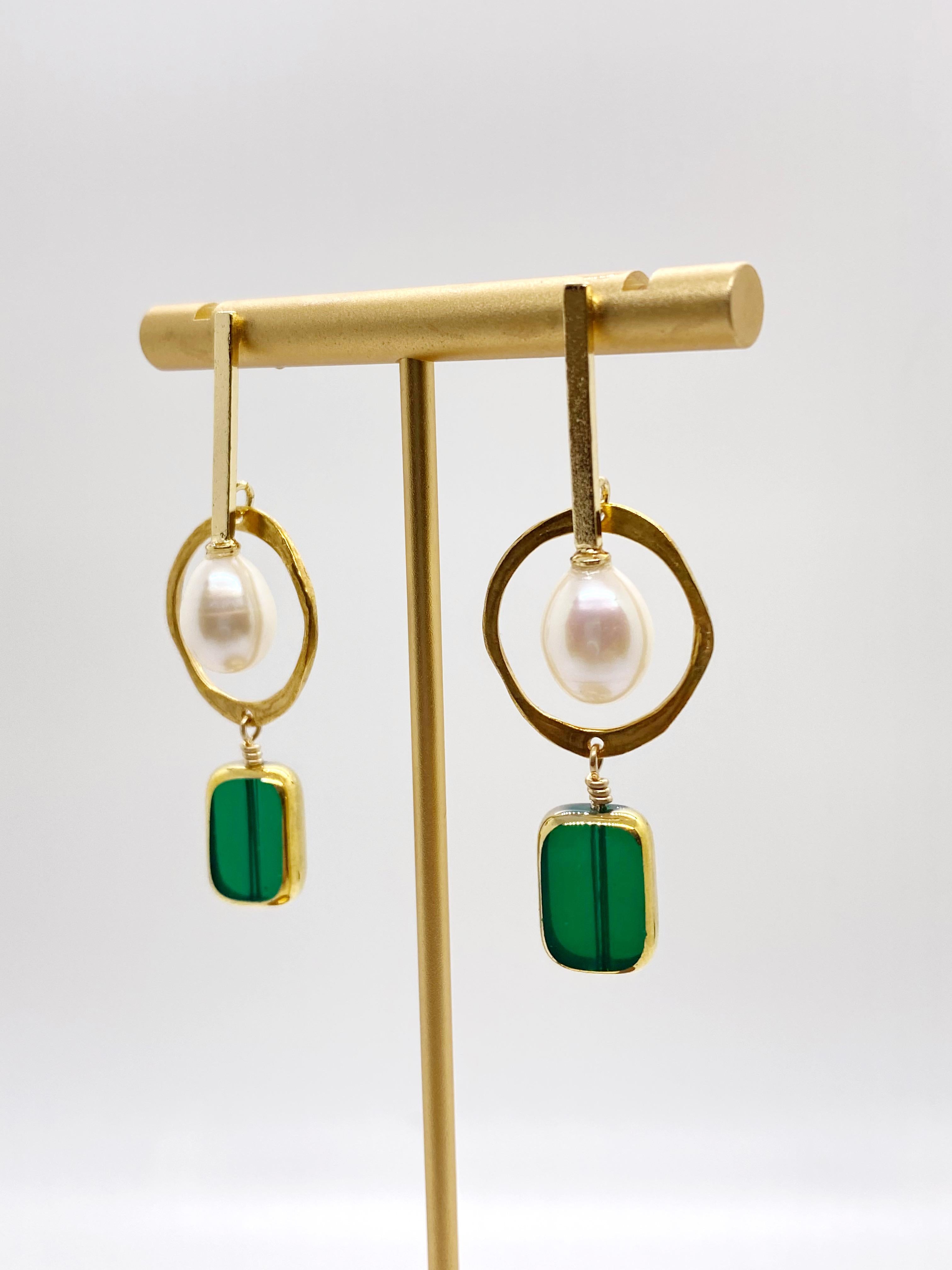 Uncut Pearl with Emerald Glass Vintage German Earrings