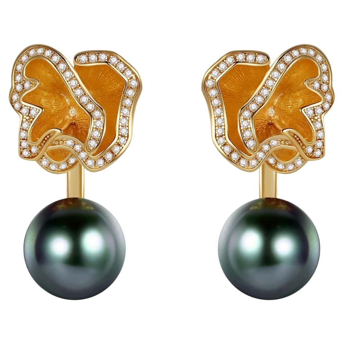 Quintessence Pearl with Flower Basket Earrings, Green For Sale