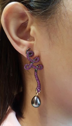 Pearl with Pink Sapphire with Black Diamond Mismatch Snake Earrings in 18K Gold