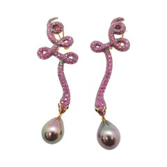 Pearl with Pink Sapphire with Black Diamond Mismatch Snake Earrings in 18K Gold