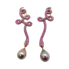 Pearl with Pink Sapphire with Black Diamond Mismatch Snake Earrings in 18K Gold