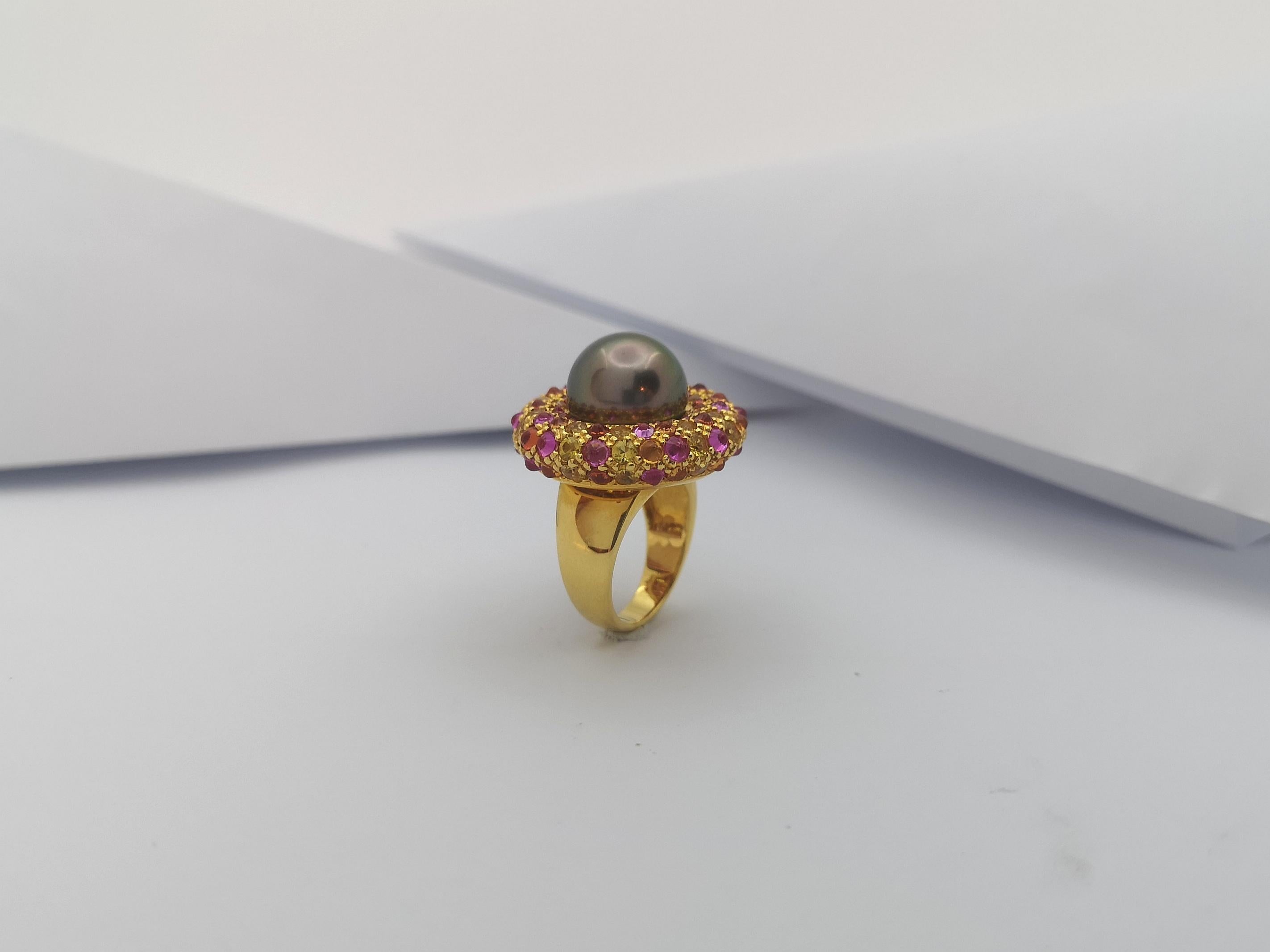 Pearl with Rainbow Color Sapphire Ring Set in 18 Karat Gold Settings For Sale 4