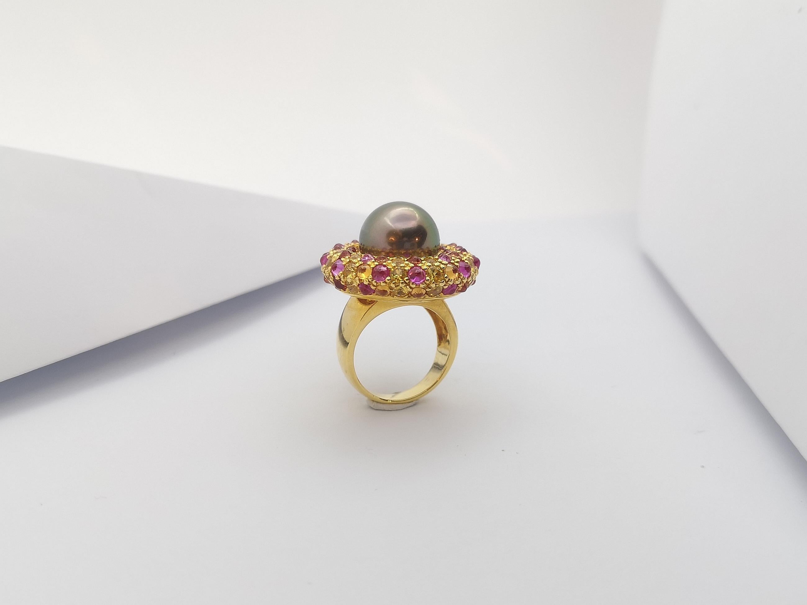 Pearl with Rainbow Color Sapphire Ring Set in 18 Karat Gold Settings For Sale 5