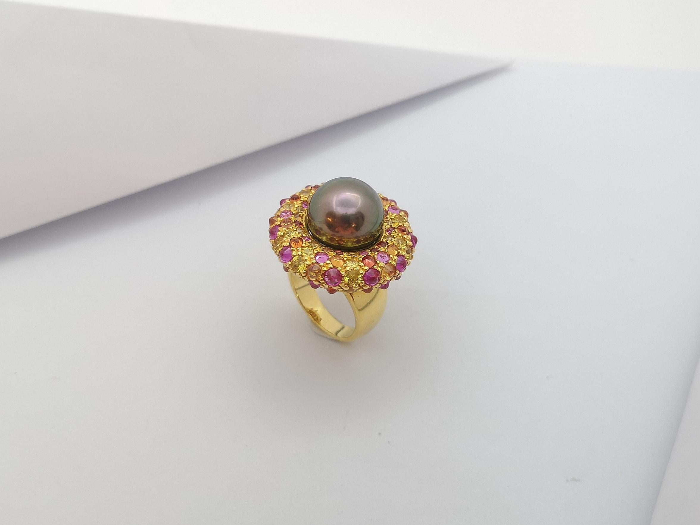 Pearl with Rainbow Color Sapphire Ring Set in 18 Karat Gold Settings For Sale 6