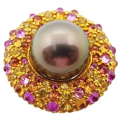 Pearl with Rainbow Color Sapphire Ring Set in 18 Karat Gold Settings