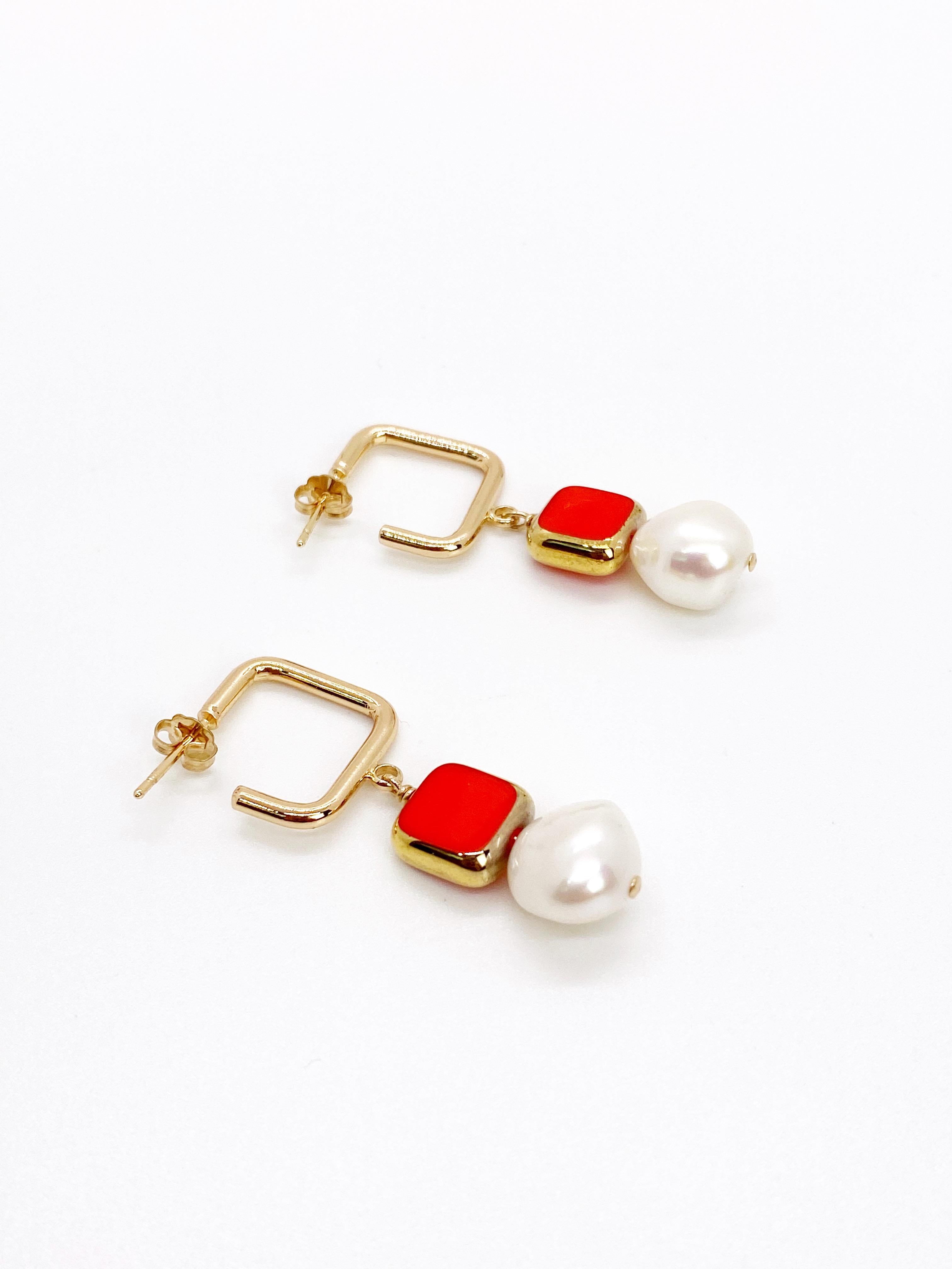 Retro Pearl with Red Vintage German Glass Beads Earrings For Sale
