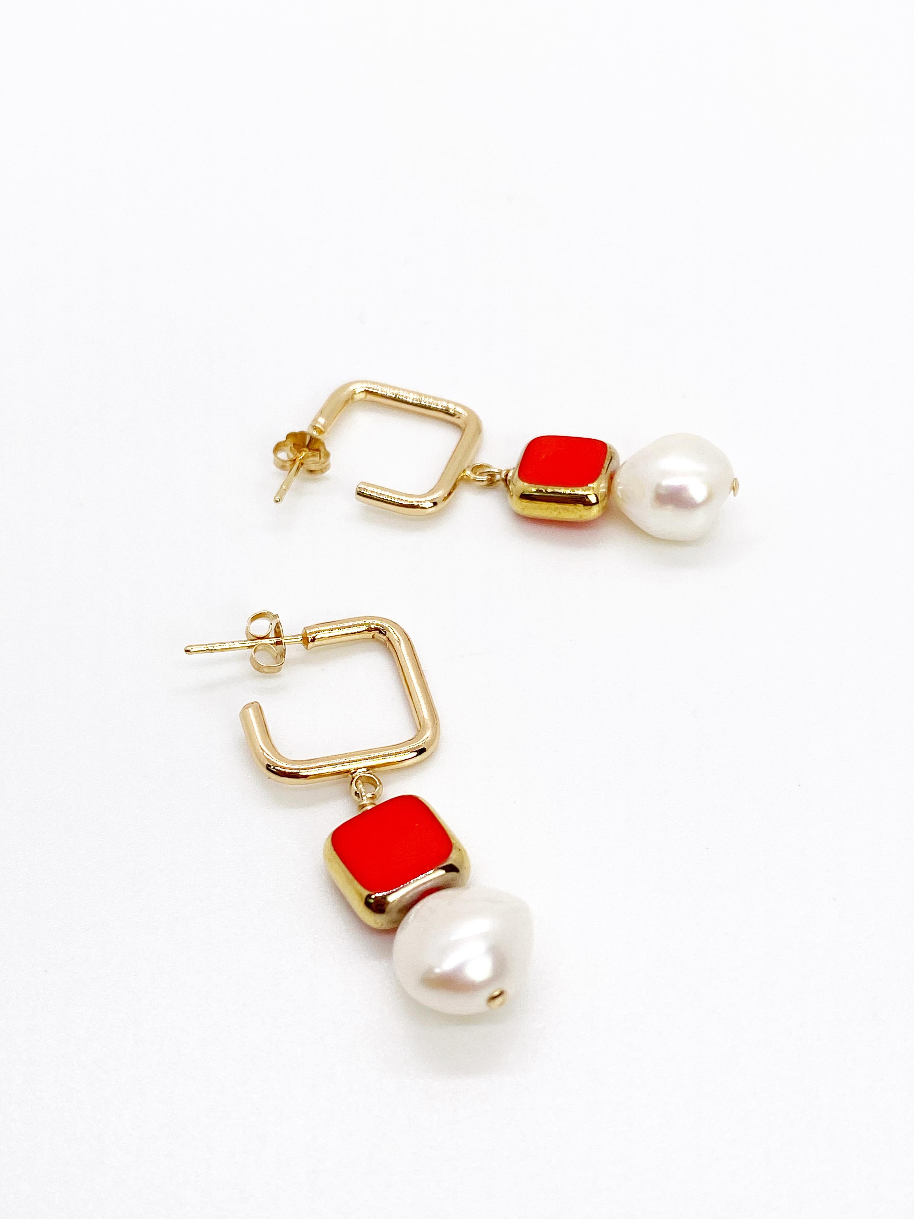 Uncut Pearl with Red Vintage German Glass Beads Earrings For Sale
