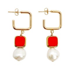 Pearl with Redish Orange Vintage German Glass Beads Earrings