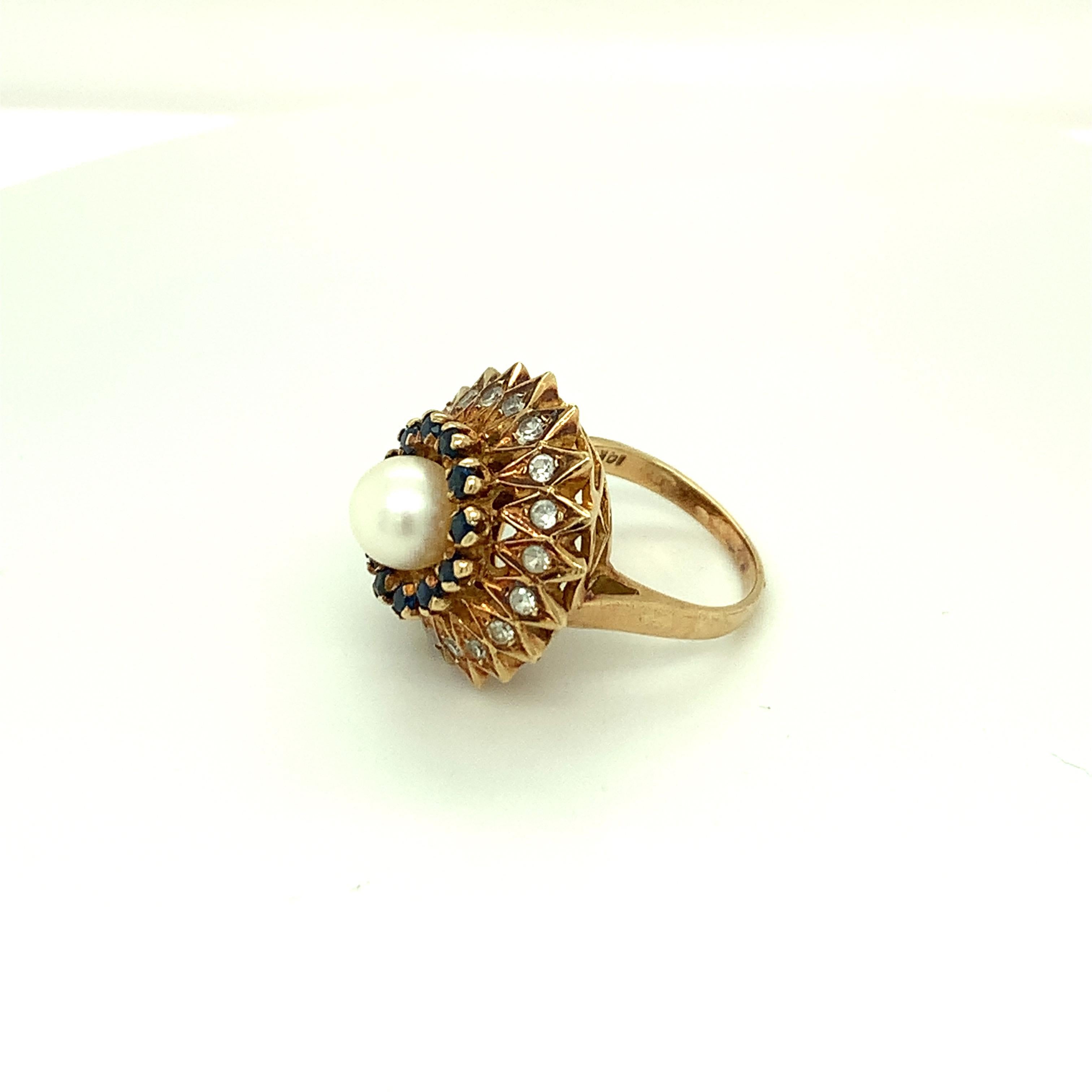 Brilliant Cut Pearl with Sapphire & Diamond Ring Set in 14K Yellow Gold For Sale