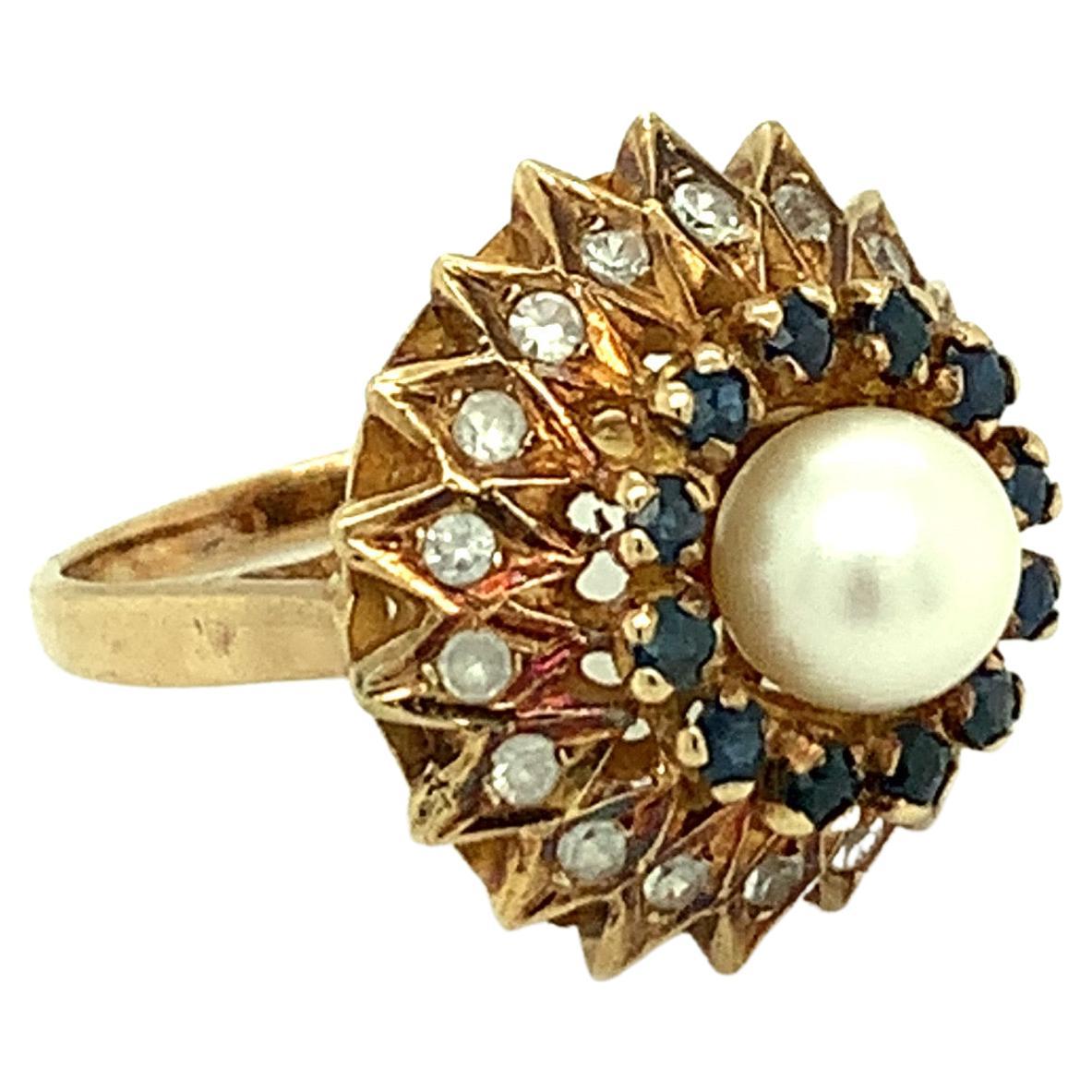 Pearl with Sapphire & Diamond Ring Set in 14K Yellow Gold For Sale