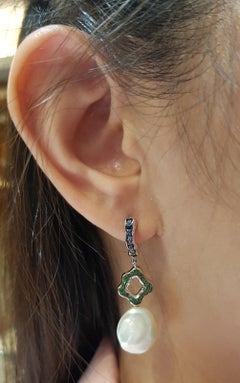 Pearl with Tsavorite and Blue Sapphire Earrings Set in 18 Karat White Gold