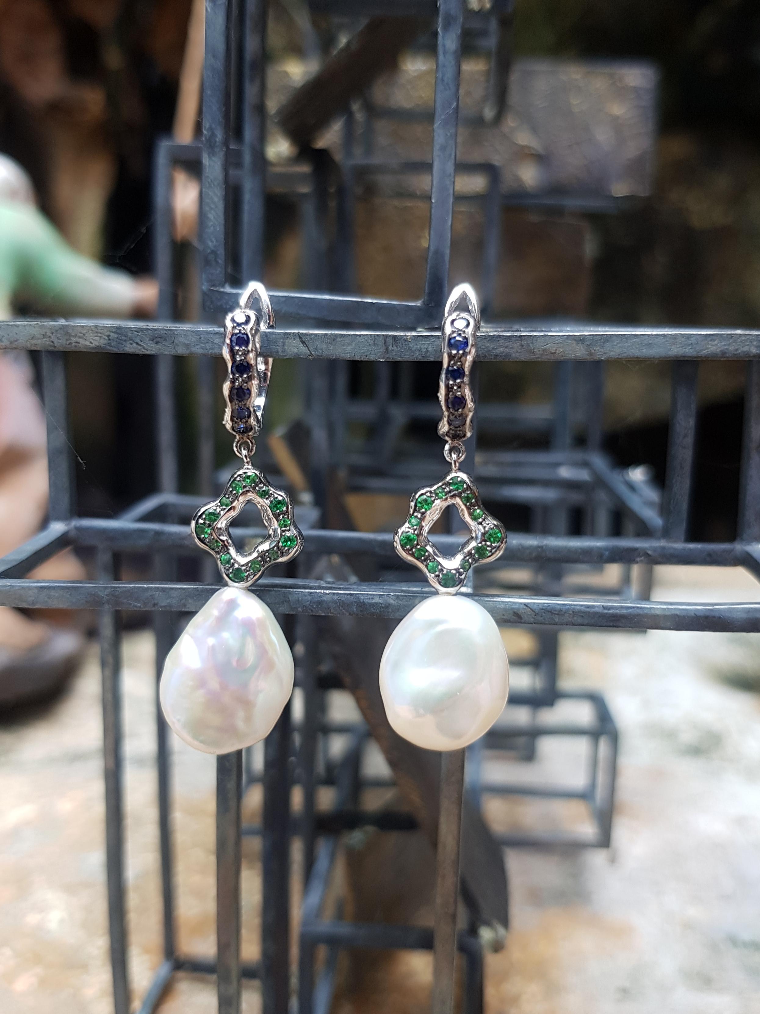 Contemporary Pearl with Tsavorite and Blue Sapphire Earrings Set in 18 Karat White Gold For Sale