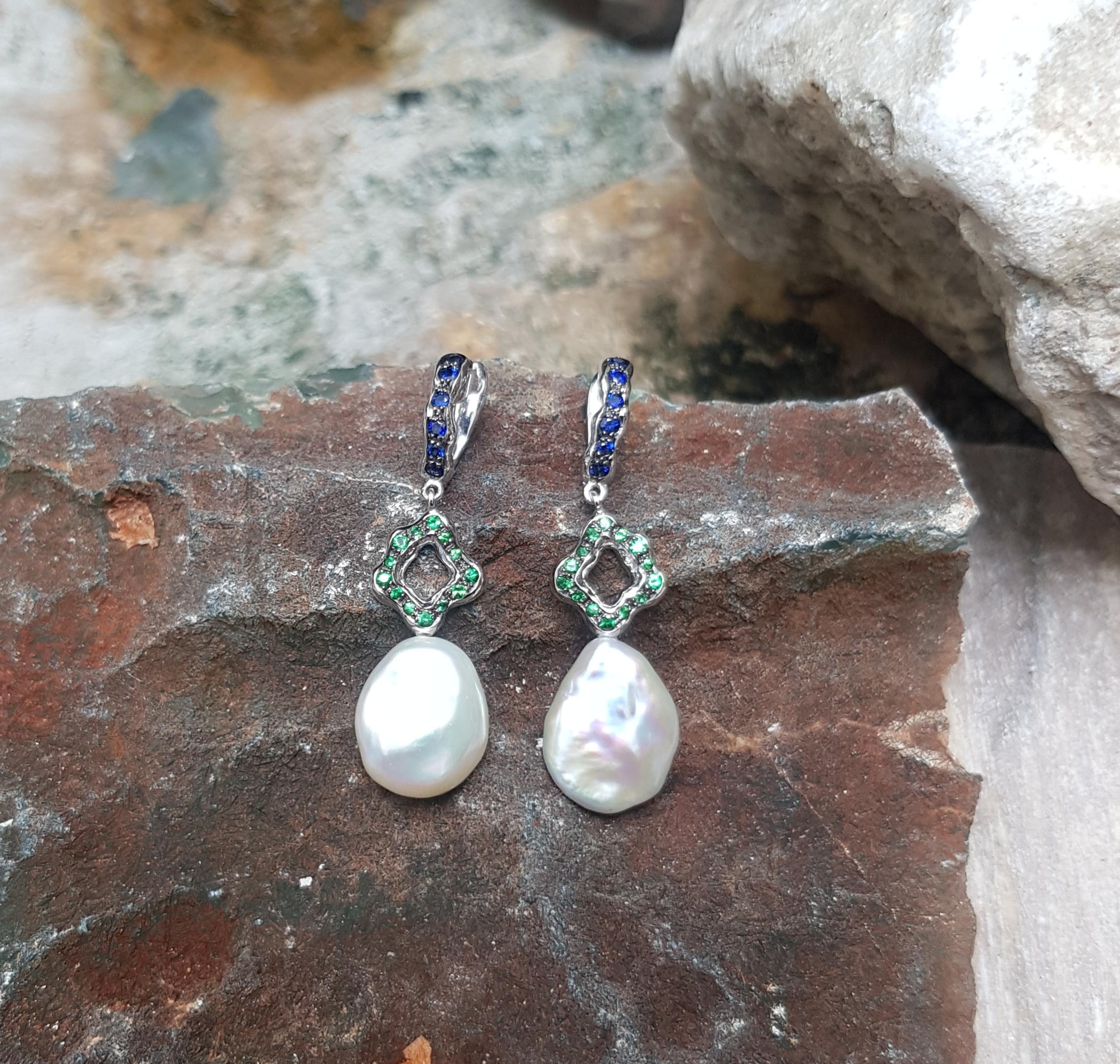 Round Cut Pearl with Tsavorite and Blue Sapphire Earrings Set in 18 Karat White Gold For Sale