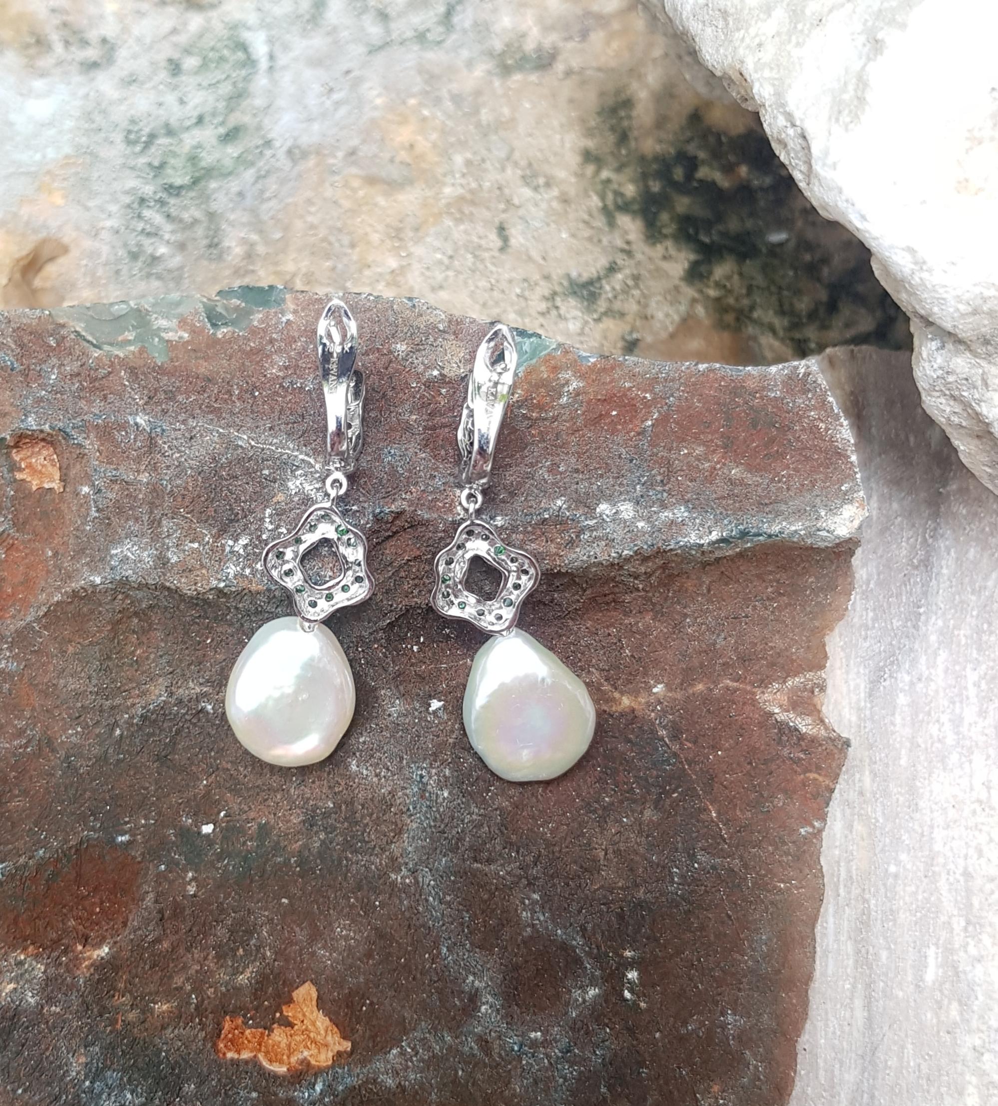 Women's Pearl with Tsavorite and Blue Sapphire Earrings Set in 18 Karat White Gold For Sale