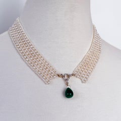 Marina J Woven Pearl Collar Necklace + Large Emerald Drop, Diamonds & Solid 14K