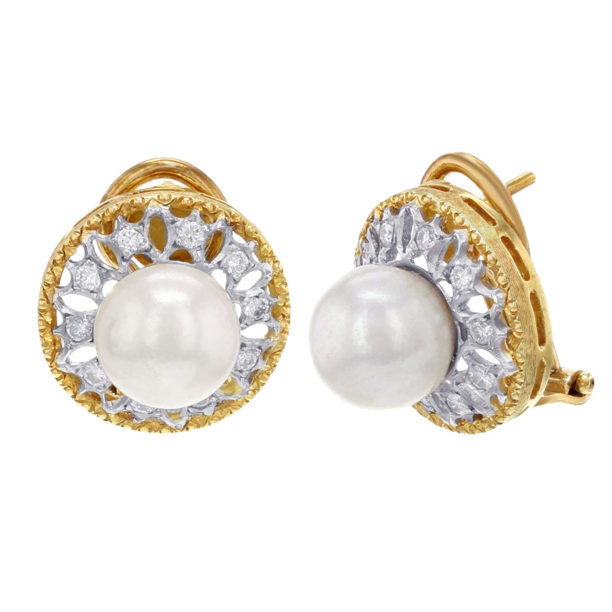 Retro Pearl Yellow Gold Diamond Omega Huggie Ladies Earrings 18 Karat
