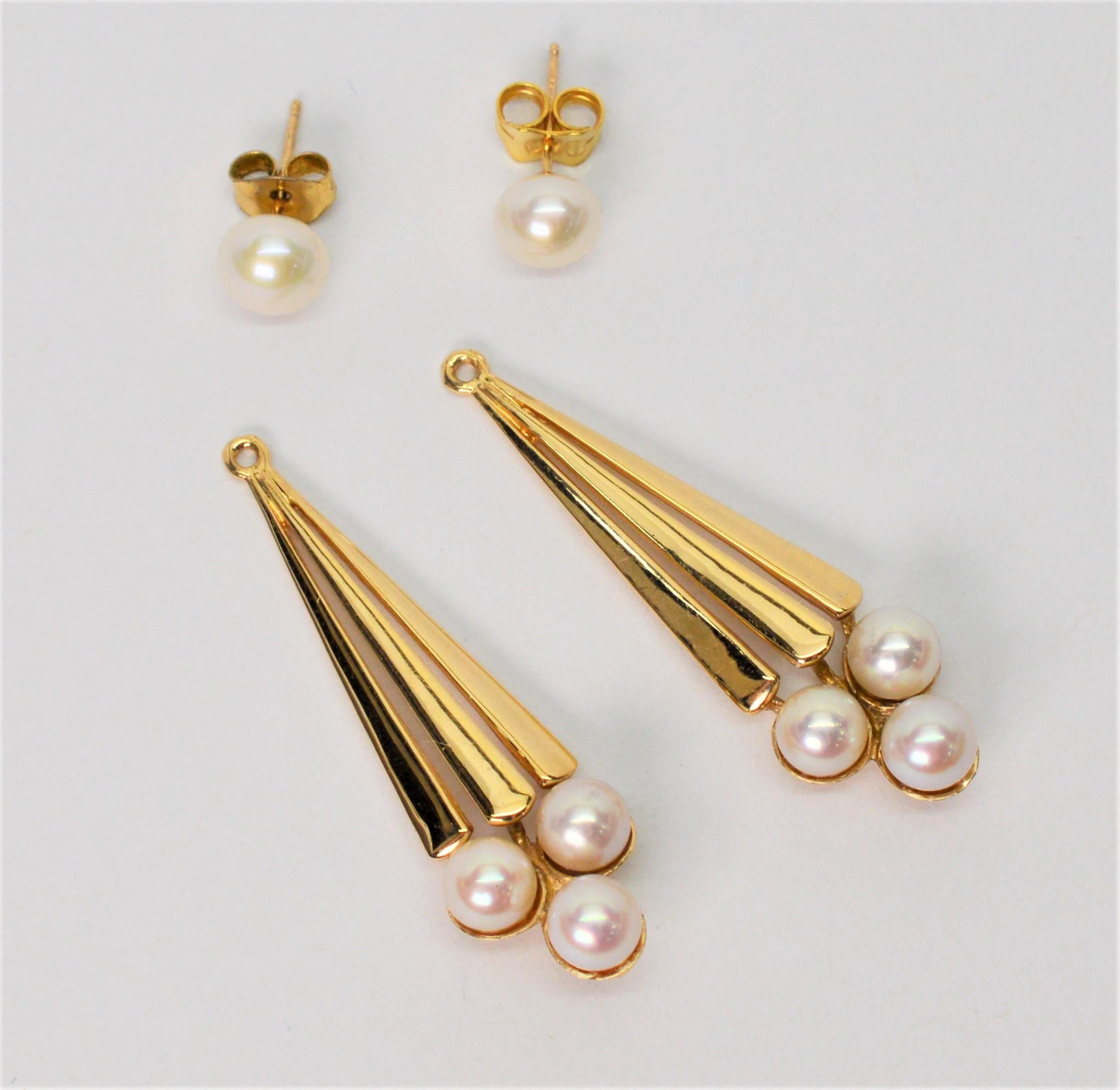 Get the most out of this terrific pair of versatile earrings. Create three looks starting with classic pearl studs (6.35mm) for daytime wear and have the option to covert to a more dramatic drop style by applying the chic fourteen karat 14k yellow