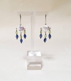 Pearl, Peridot, and Kyanite Earrings with Black Spinel and 14k Gold by Marina J