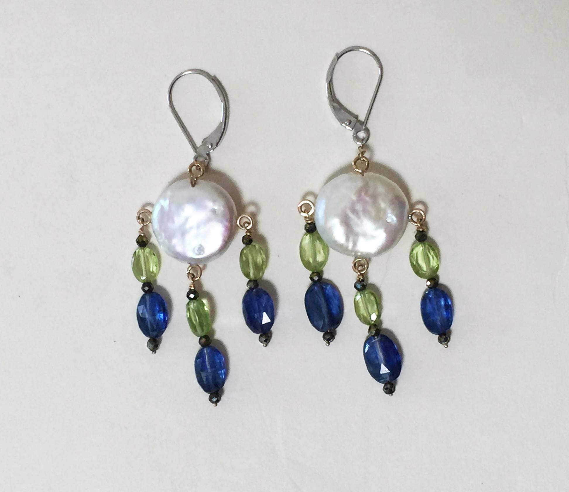 Artist Pearl, Peridot, and Kyanite Earrings with Black Spinel and 14k Gold by Marina J For Sale