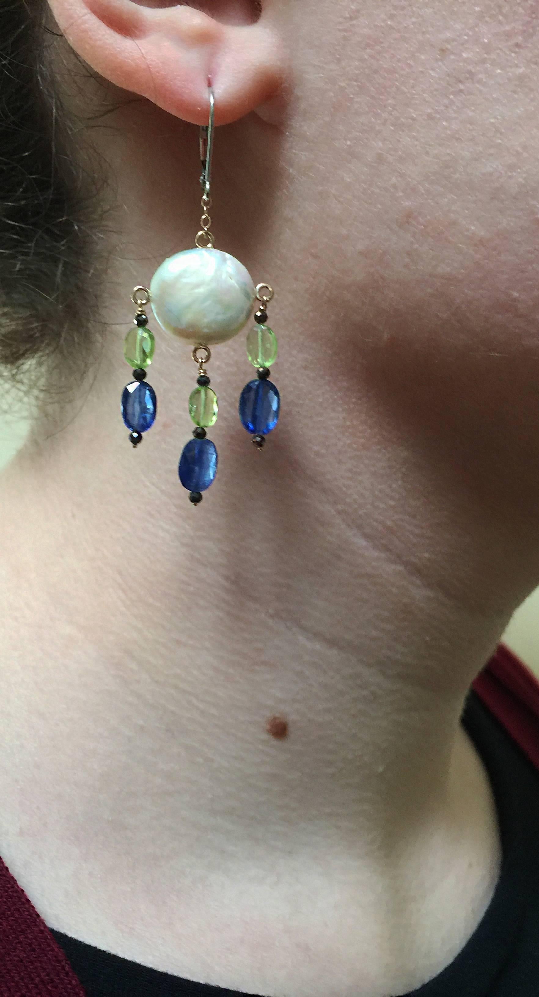 Bead Pearl, Peridot, and Kyanite Earrings with Black Spinel and 14k Gold by Marina J For Sale