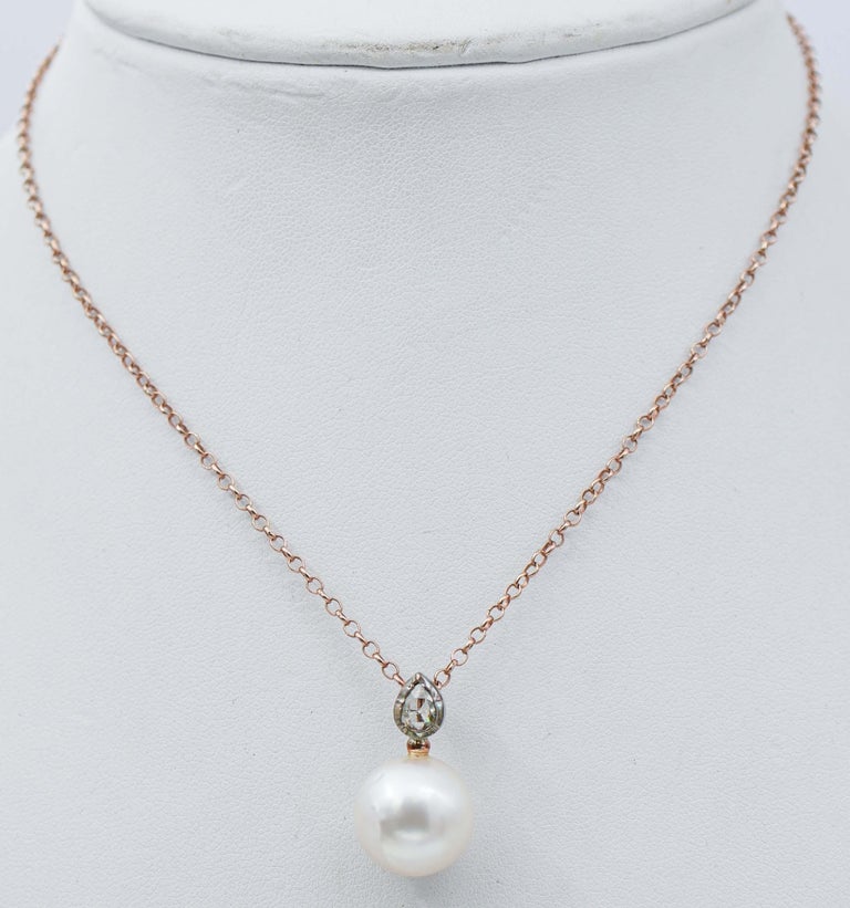 Pearl, Diamonds, Rose Gold and Silver Pendant Necklace For Sale at 1stDibs