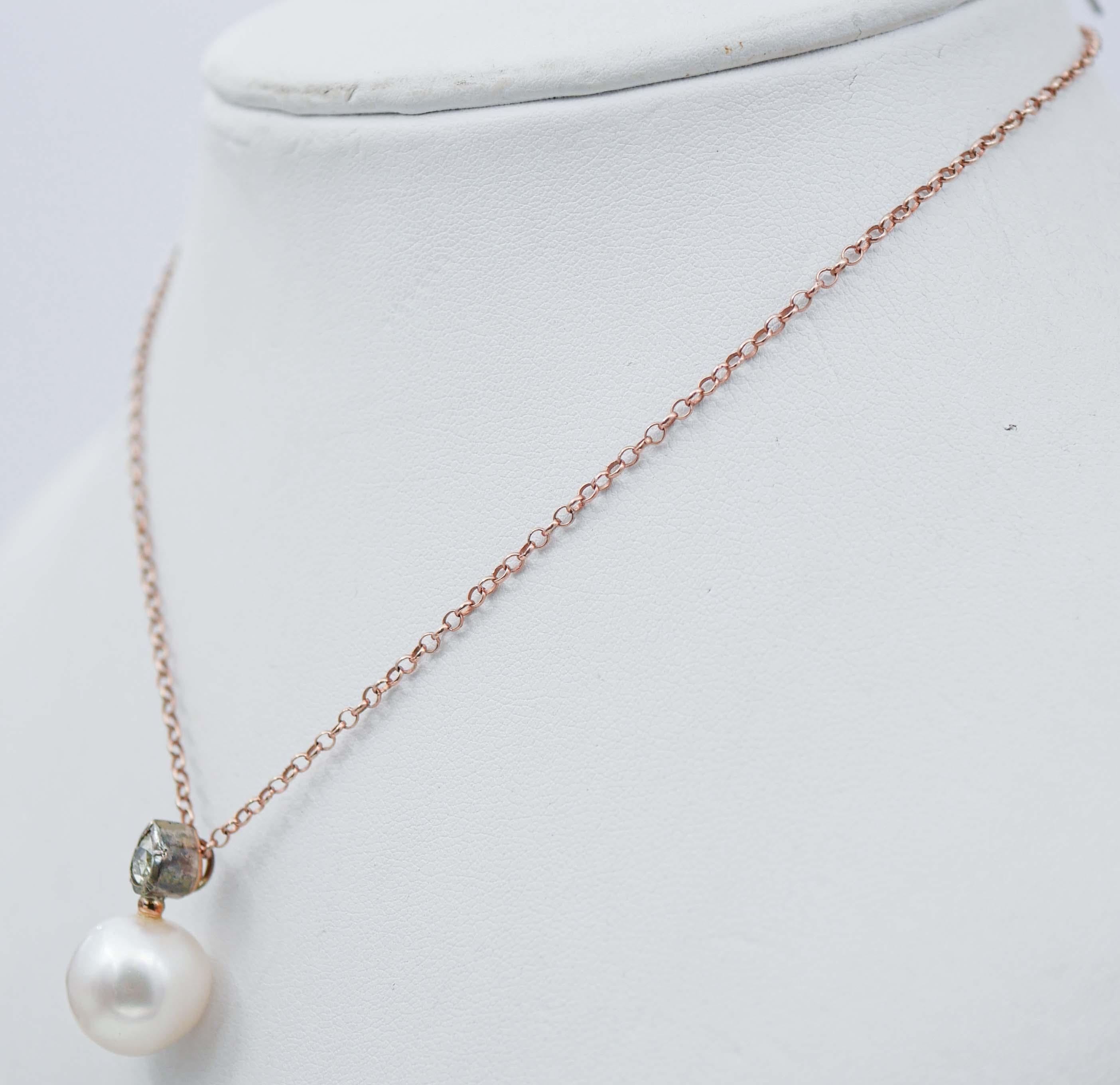 Retro Pearl, Diamonds, Rose Gold and Silver Pendant Necklace For Sale