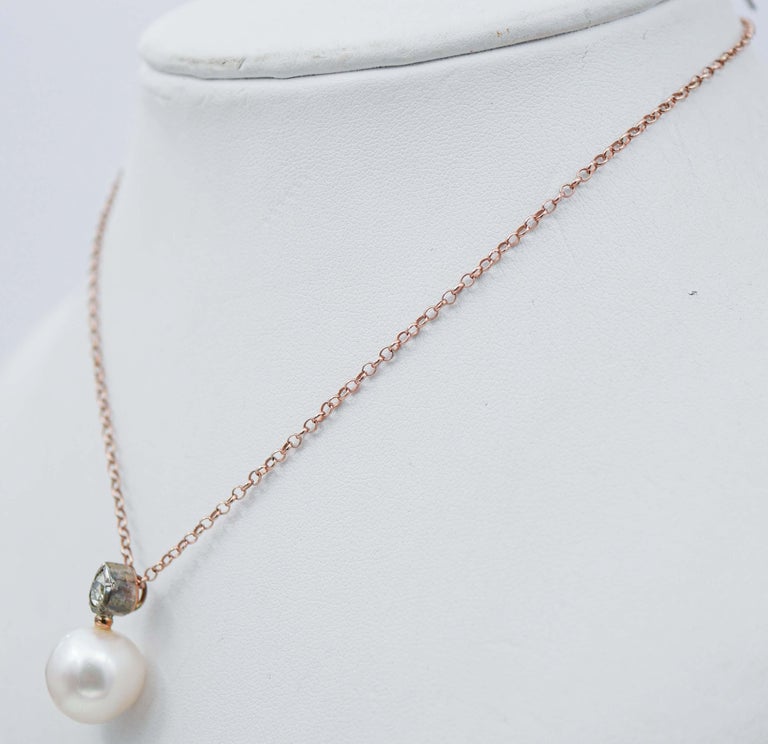 Pearl, Diamonds, Rose Gold and Silver Pendant Necklace For Sale at 1stDibs
