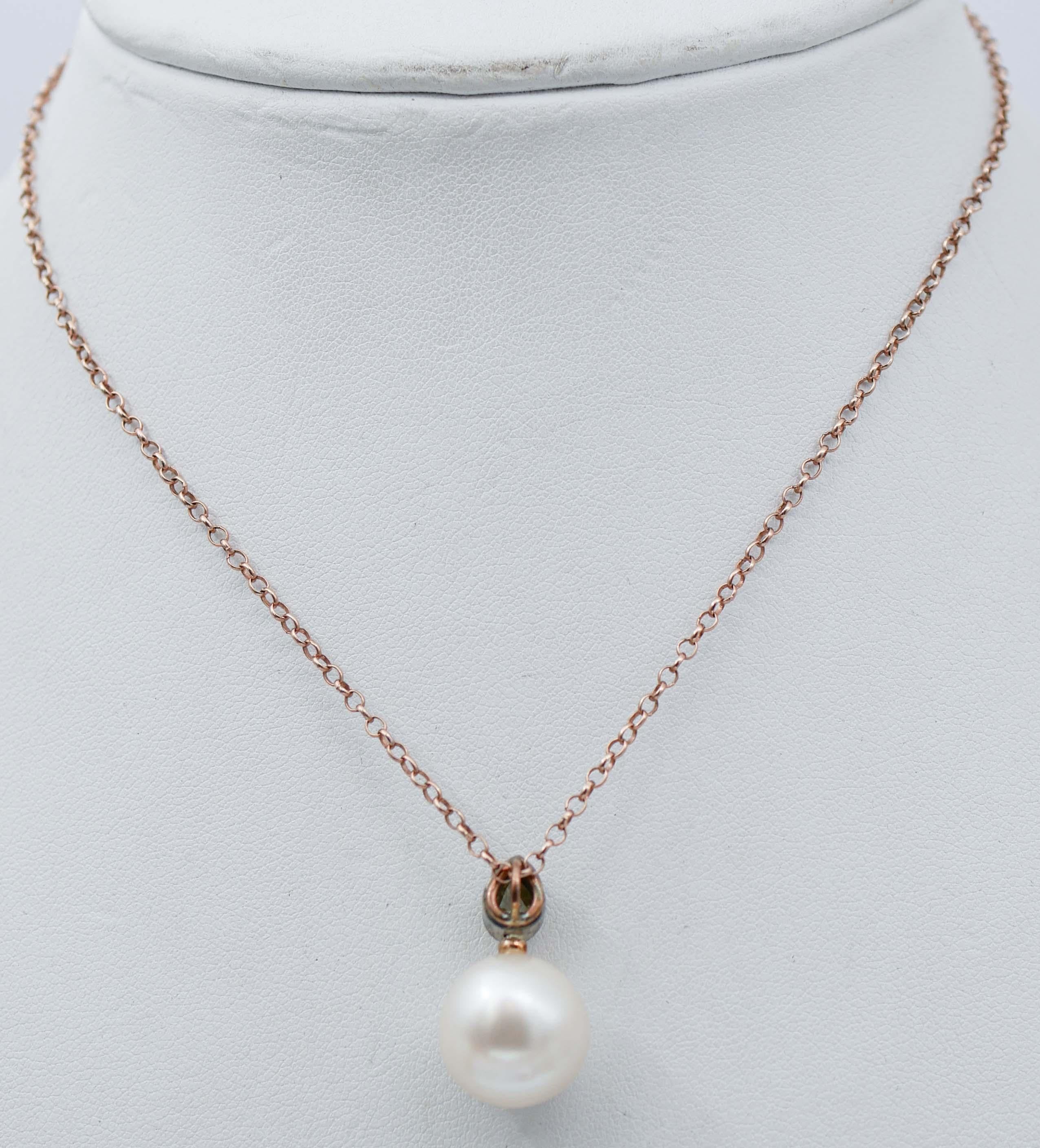 Mixed Cut Pearl, Diamonds, Rose Gold and Silver Pendant Necklace For Sale