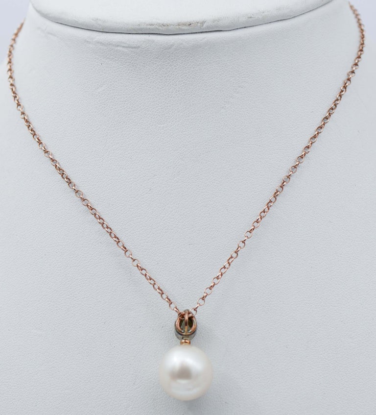 Pearl, Diamonds, Rose Gold and Silver Pendant Necklace For Sale at 1stDibs
