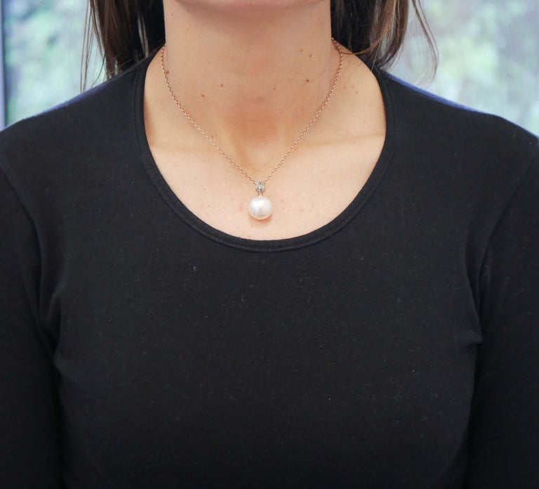Pearl, Diamonds, Rose Gold and Silver Pendant Necklace For Sale at 1stDibs