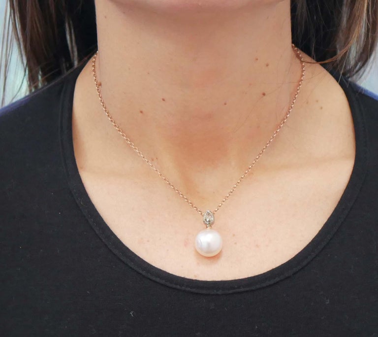 Pearl, Diamonds, Rose Gold and Silver Pendant Necklace For Sale at 1stDibs
