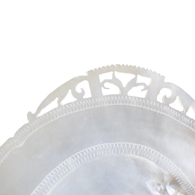 Art Deco Pearlized Oval Decorative Pierced Edge Capiz Catchall or Trinket Dish For Sale