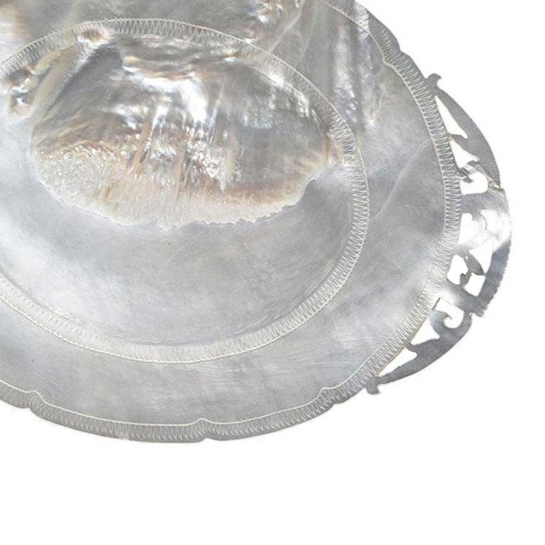 Shell Pearlized Oval Decorative Pierced Edge Capiz Catchall or Trinket Dish For Sale