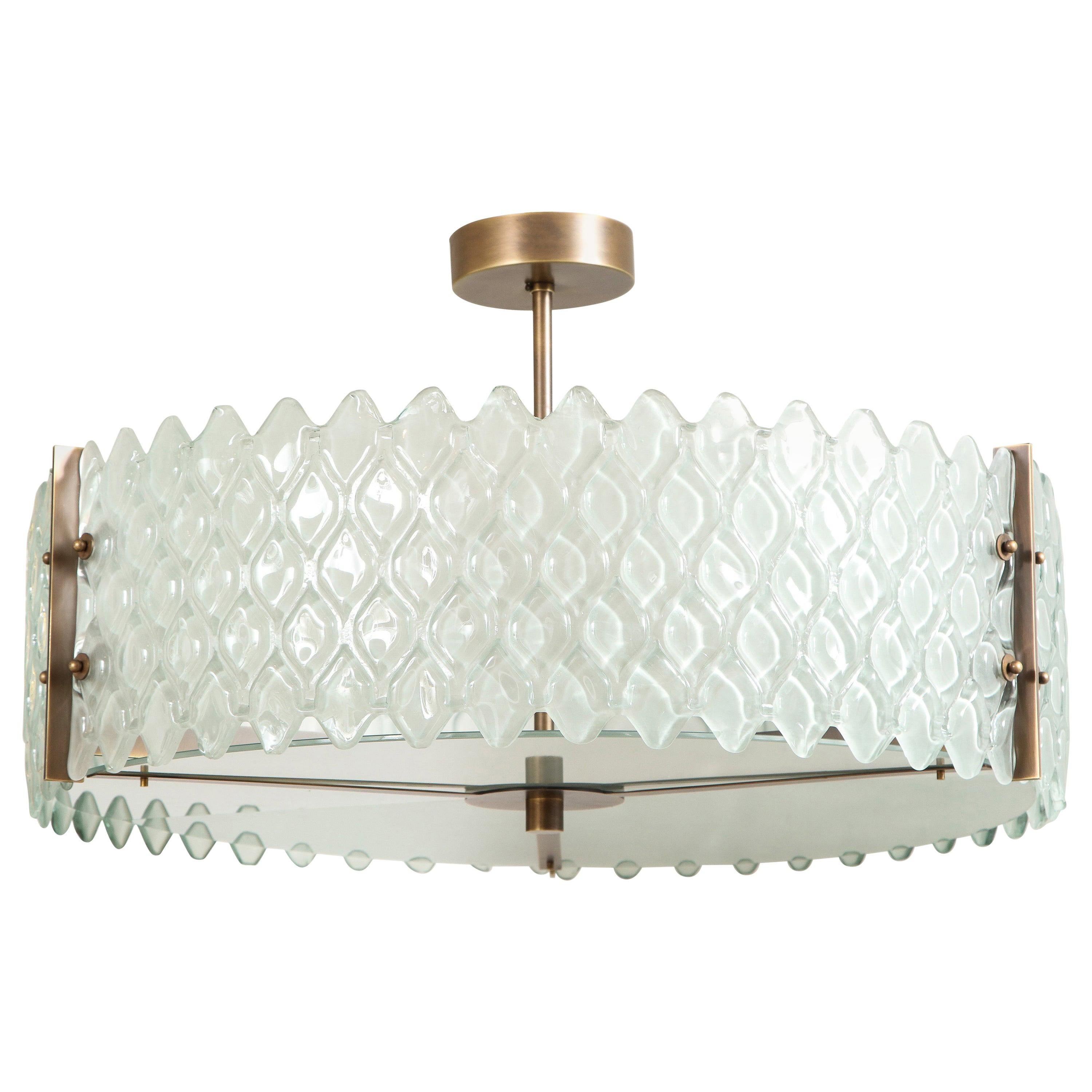 Pearlized Textured White Murano Glass and Bronze Round Chandelier, Italy