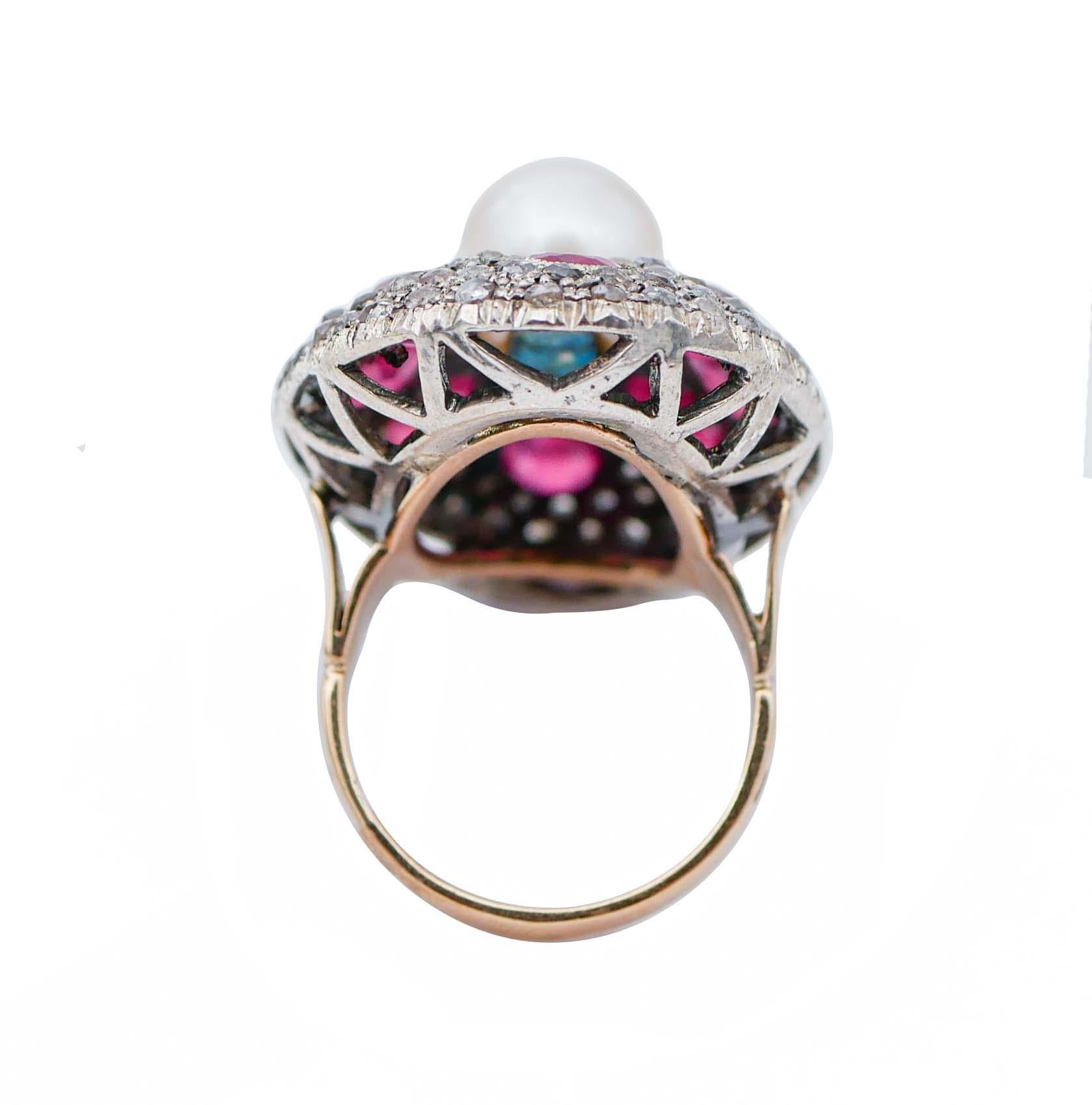 Retro Pearl, Rubies, Diamonds, Rose Gold and Silver Retrò Ring For Sale