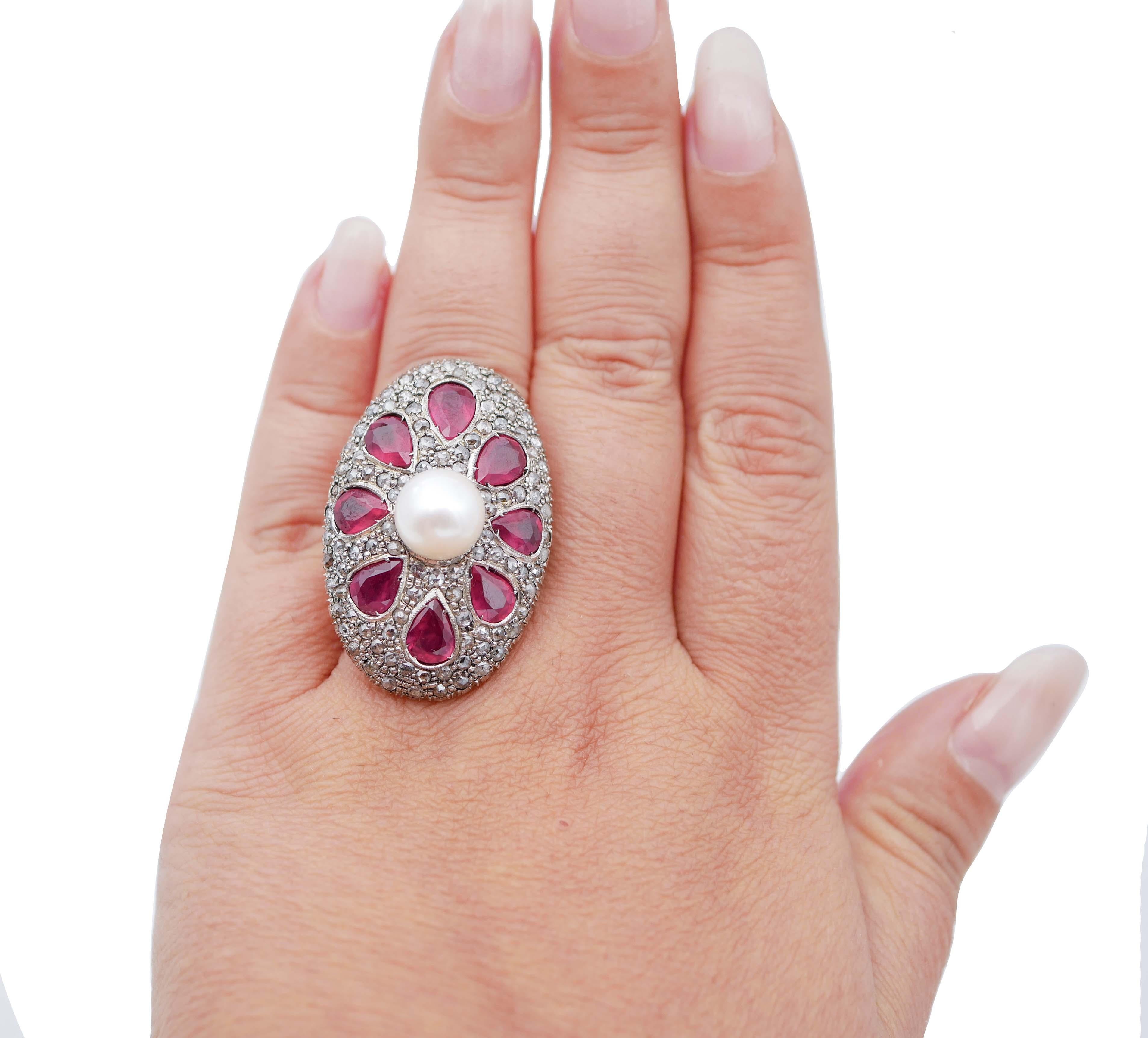 Mixed Cut Pearl, Rubies, Diamonds, Rose Gold and Silver Retrò Ring For Sale