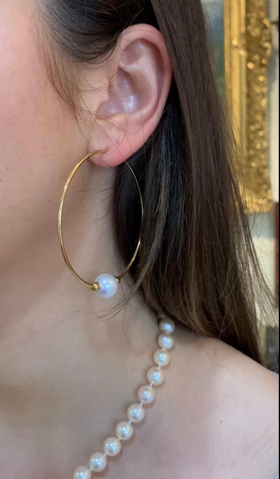 Modern Pearls 18 Carat Yellow Gold Hoop Earrings For Sale