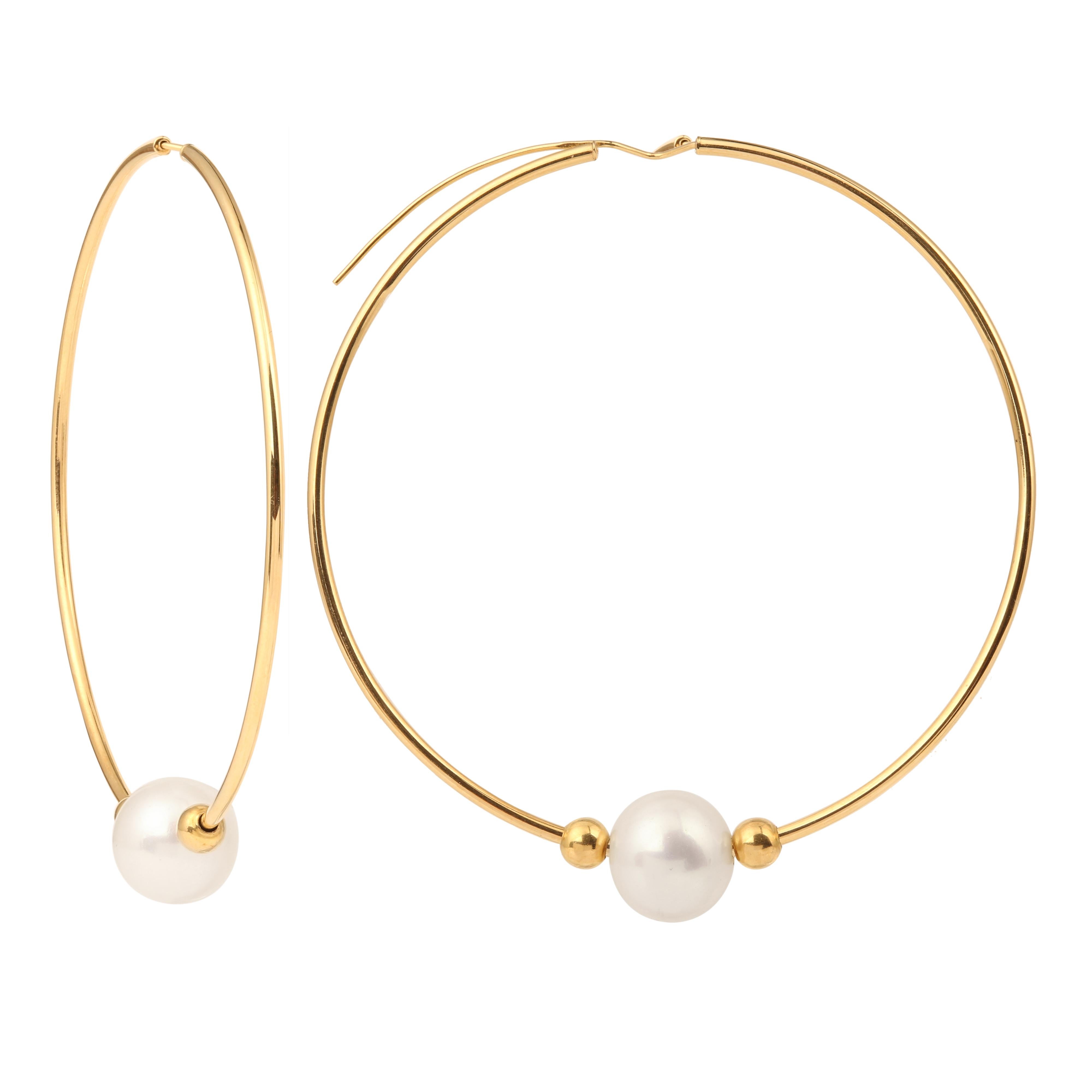 Bead Pearls 18 Carat Yellow Gold Hoop Earrings For Sale