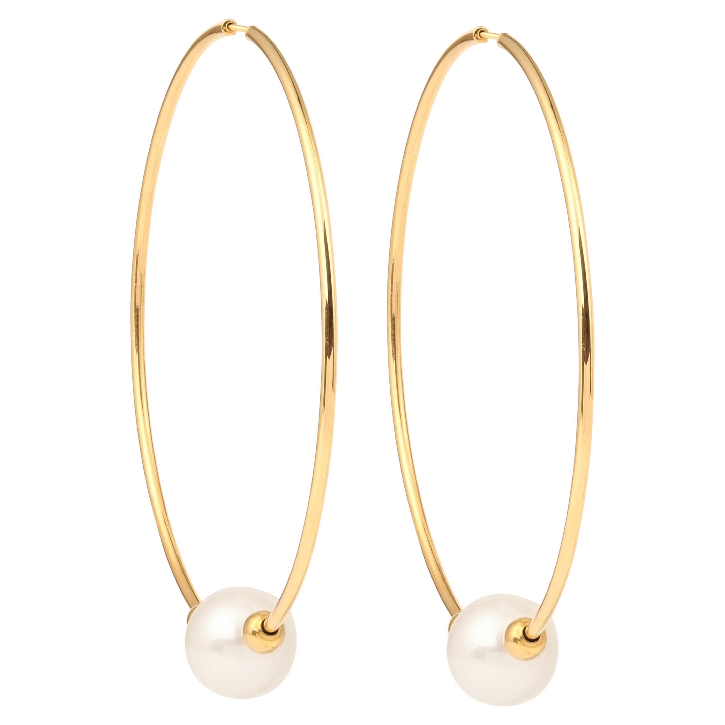 Pearls 18 Carat Yellow Gold Hoop Earrings For Sale