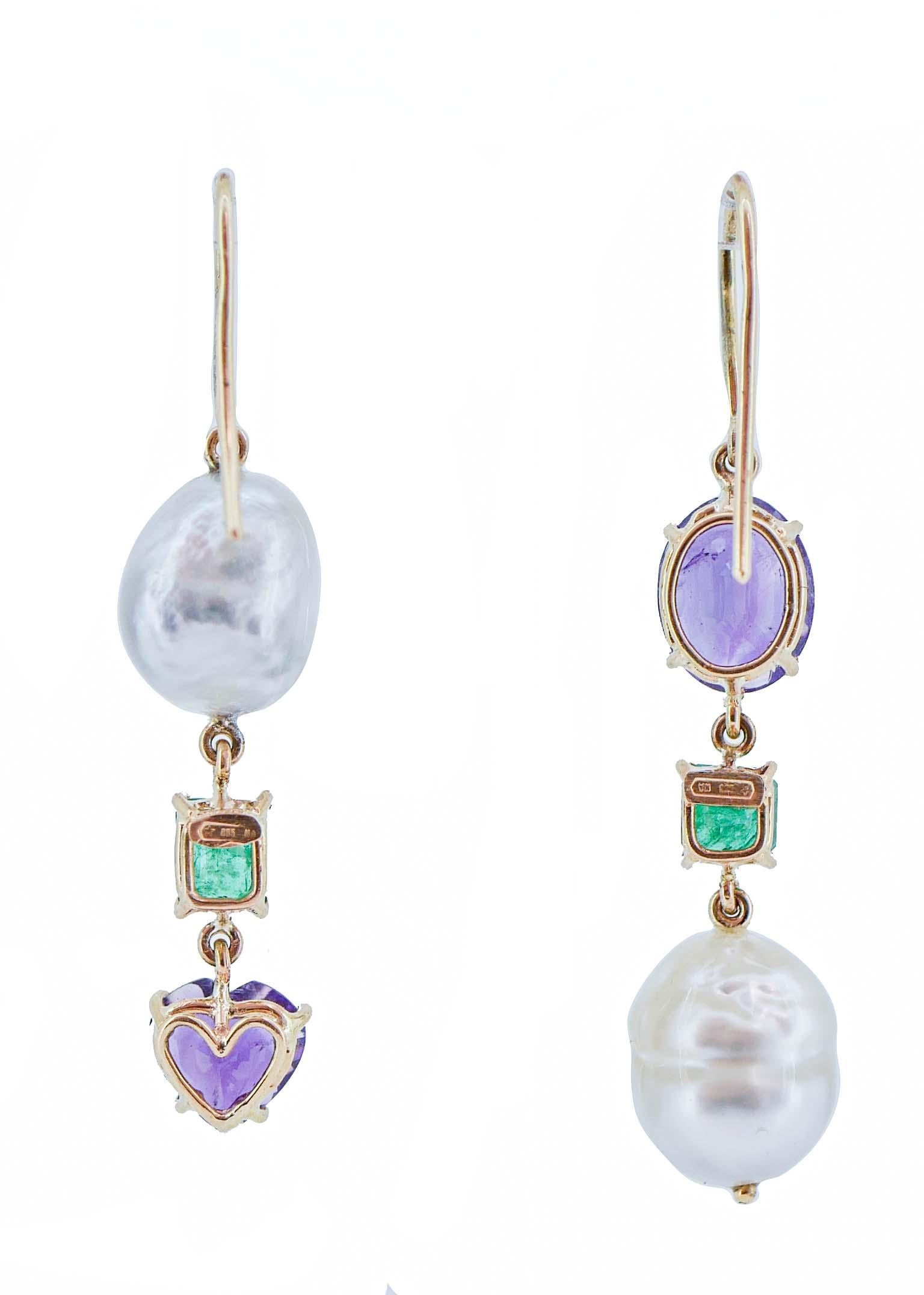 Retro Pearls, Amethysts, Emeralds, 14 Karat Rose Gold Dangle Earrings. For Sale